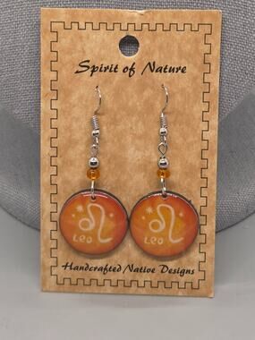 Spirit of Nature Earrings LEO - Astrological Sign- Round -Orange White